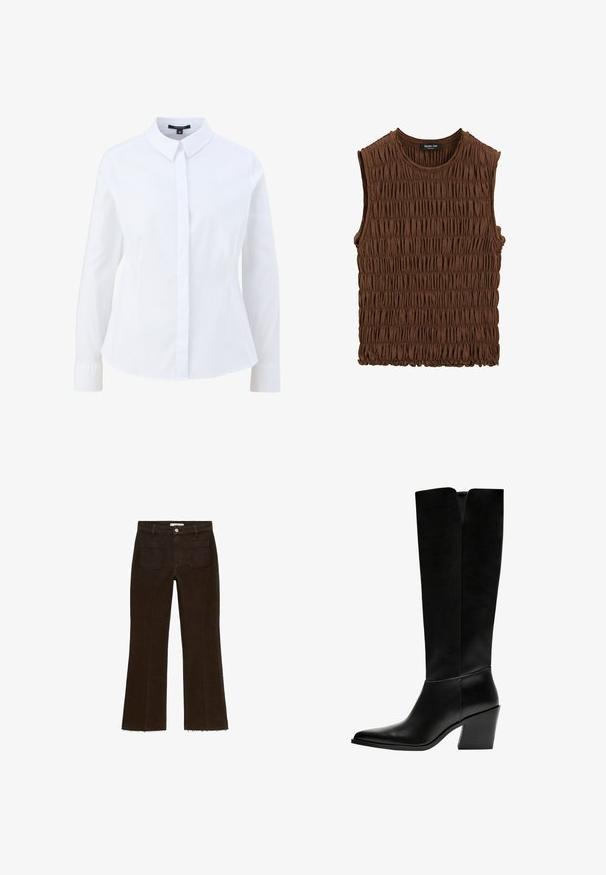 Weißes, kurzärmeliges Hemd mit klassischem Kragen, langen Ärmeln und taillierter Passform. Hergestellt aus glattem Stoff mit einem klaren, frischen Aussehen.; Braun ärmelloses Oberteil aus gerafftem Stoff. Es hat einen runden Ausschnitt und eine strukturierte Oberfläche, mit einem leicht elastischen Saum.; Braune ausgestellte Jeans mit hoher Taille, Knopfverschluss, zwei Gesäßtaschen und ausgefranstem Saum. Aus Denimstoff gefertigt.; Schwarze kniehohe Stiefel aus glattem Leder, mit spitzem Schuhbund, einem Blockabsatz und einem V-förmigen Ausschnitt an der Oberseite.