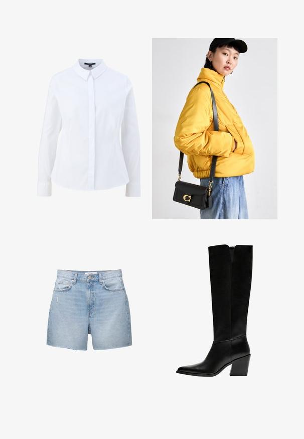 Wit, knoopshirt met een klassieke kraag, lange mouwen en een getailleerde pasvorm. Gemaakt van een gladde stof met een schone, frisse uitstraling.; Lichtblauwe denimshorts met rafelige zomen, vijf zakken en een knoopsluiting. De stof heeft een vervaagde was en lichte slijtage.; Zwarte laarzen tot de knie van soepel leer, met een puntige neus, een blokhak en een V-vormige uitsparing aan de bovenkant.; Geel gewatteerde jas met hoge kraag en voorzak, gecombineerd met een zwarte schoudertas met gouden hardware. Casual denim broek.