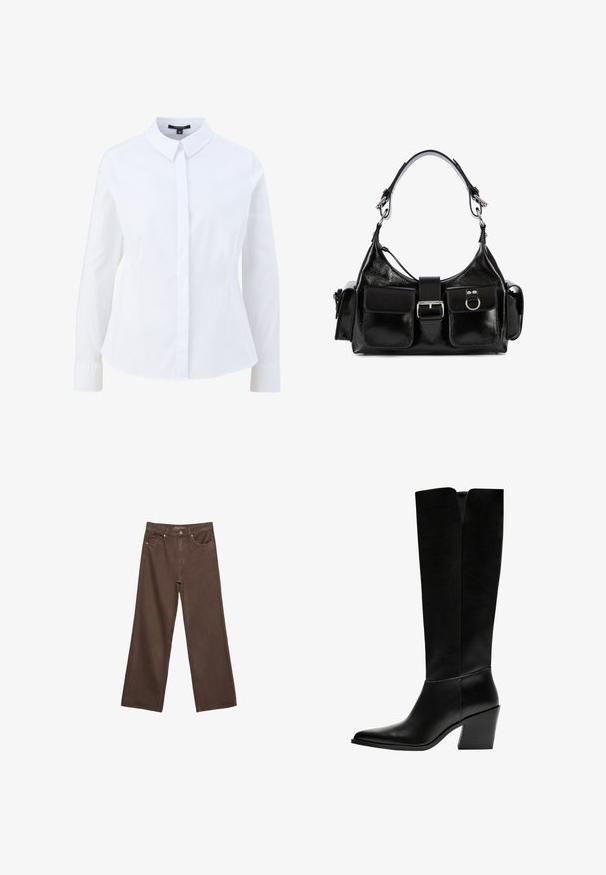 Chemise blanche à boutons avec un col classique, des manches longues et une coupe ajustée. Fabriquée en tissu lisse avec une apparence propre et nette.; Jean brown à jambes larges en denim, doté d'une taille haute, de poches avant et d'une fermeture à bouton classique. Texture lisse avec des coutures subtiles.; Bottes noires montantes en cuir lisse, avec un bout pointu, un talon bloc et une découpe en V en haut.; Sac à main en cuir noir avec une finition brillante, doté d'une boucle centrale, de deux poches avant et d'une courte bandoulière.