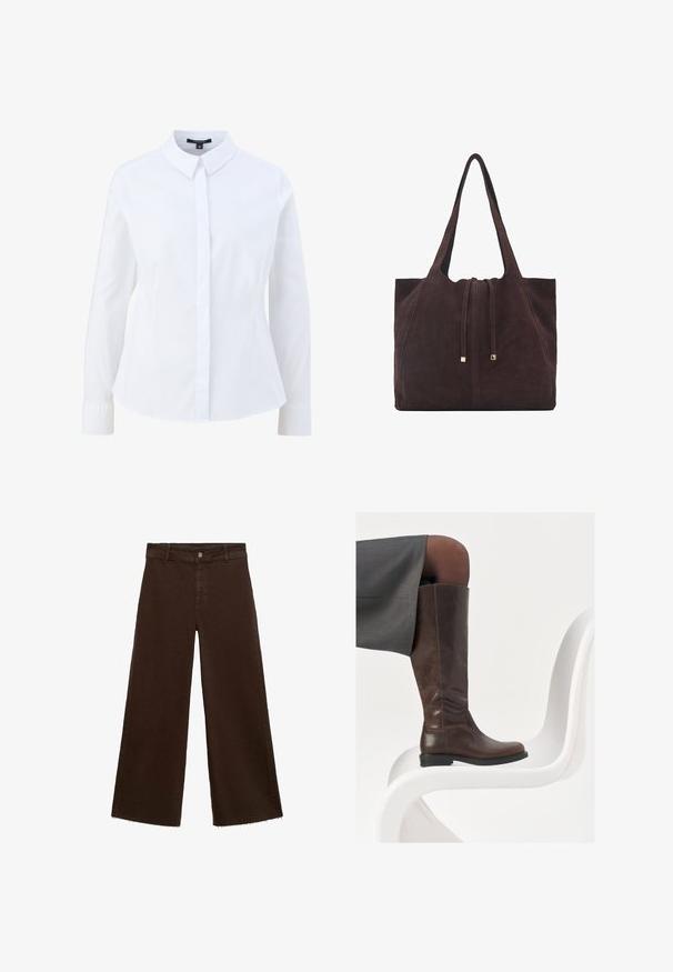 Biała koszula zapinana na guziki z klasycznym kołnierzykiem, długimi rękawami i dopasowanym krojem. Wykonana z gładkiego materiału o czystym, wyrazistym wyglądzie.; Brązowe spodnie o szerokich nogawkach z mieszanki bawełny, z postrzępionym dołem, przednim zapięciem na guzik i klasycznym pięciopocketowym wzorem. Minimalistyczne i uniwersalne.; Brązowe skórzane wysokie buty do kolan z okrągłym noskiem, gładką fakturą i minimalnymi detalami przeszycia, ustawione na jasnym tle na białym krześle.; Mango - Torba na zakupy