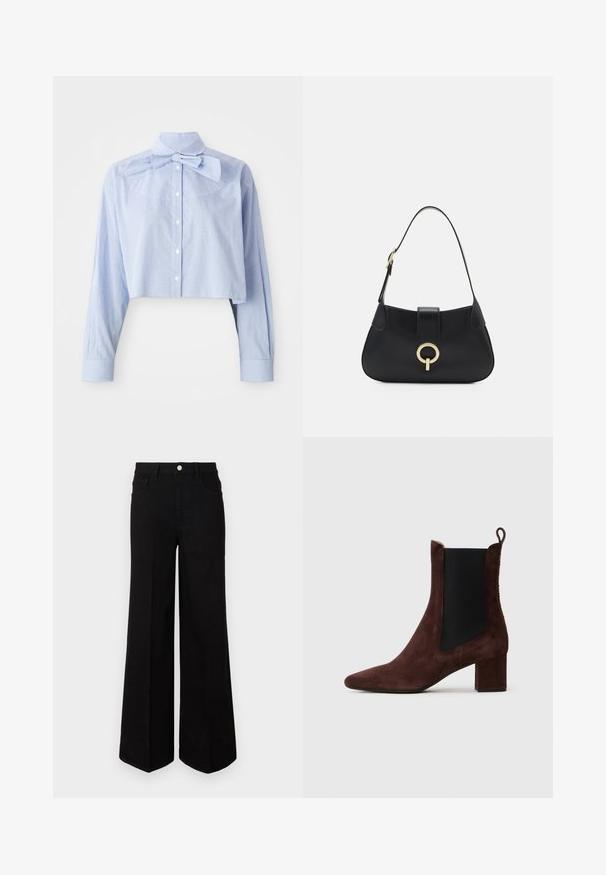 Light blue and white small check cropped blouse with long sleeves, button front, high collar, and large bow tie detail.; Black wide-leg jeans made of sturdy fabric, featuring a high waist, front pockets, and a front button closure. Flat hem at the bottom.; Dark brown suede ankle boot with block heel, black elastic side panel, and pull tab at the back on a light background.; Black leather handbag with a curved silhouette, short strap, central gold-tone hardware, and smooth texture. No visible patterns or accents.