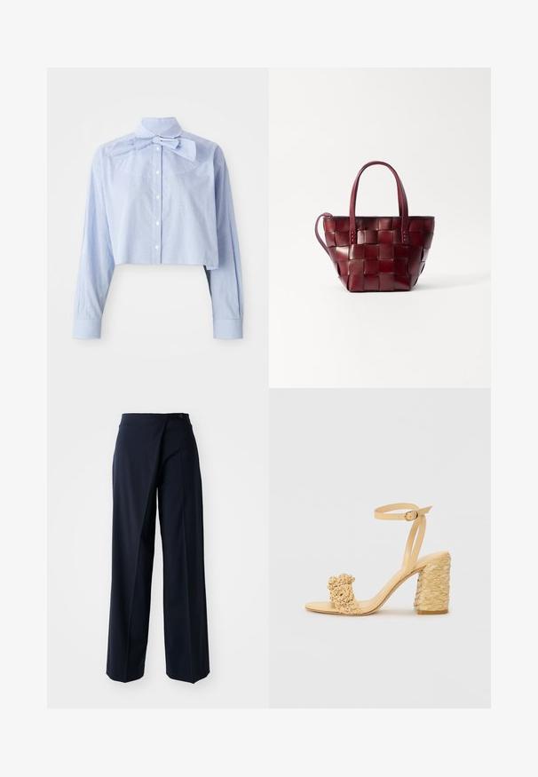Blouse courte à carreaux bleu clair et blancs, à manches longues, avec un col haut, boutonnée à l'avant et un grand nœud en détail.; Pantalons larges bleu marine avec un design enroulé, en tissu lisse, taille haute et une fermeture à un bouton à l'avant.; Sandale à talons hauts beige avec une texture tressée, ornée d'une fleur décorative et d'une bride à la cheville. Le talon carré ajoute de la stabilité.; Sac fourre-tout en cuir bordeaux tressé avec deux poignées courtes et une bandoulière amovible. Présente une forme structurée et une texture lisse.