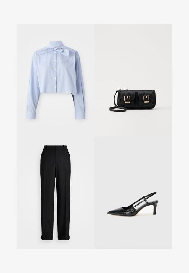 Blusa corta a maniche lunghe a quadretti azzurri e bianchi, con apertura a bottoni, colletto alto e grande dettaglio con fiocco.; Polo Ralph Lauren HIGH RISE RELAXED STRAIGHT TROUSER - Pantaloni - black; Slingback con tacco in vernice nera con punta affusolata, caratterizzato da una stampa a serpente testurizzata, cinturino regolabile e un tacco corto e testurizzato.; Borsa a tracolla nera in pelle con due tasche frontali, fibbie dorate, chiusura con zip e una tracolla sottile. Superficie texturizzata e forma rettangolare compatta.