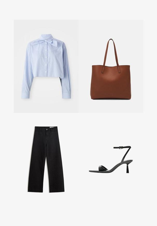 Lichtblauw en wit klein geruit cropped blouse met lange mouwen, knoopsluiting aan de voorkant, hoge kraag en grote strikdetail.; Zwarte denim broek met wijde pijpen en een hoge taille, voorzien van voor- en achterzakken, gestikte naden en een knoopsluiting. Gladde textuur.; Bershka Sandalen met hoge hak - black; Bruine leren tote bag met een gladde textuur, een ontwerp met een open bovenkant en twee schouderbanden. Kenmerkt zich door minimale stiksels en geen zichtbare hardware.