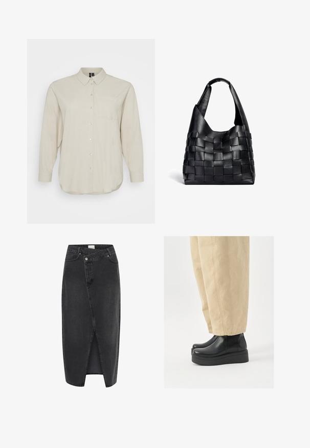 Lys beige langærmet skjorte lavet af blødt stof, med knaplukning foran, klassisk krave og en enkelt brystlomme. Glat tekstur.; Sort denim midi-nederdel med en frontal slidser, struktureret pasform og klassisk fem-lomme design. Har en knap- og lynlåslukning.; Sorte læder ankelstøvler med rund tå og platform sål. Sættes sammen med beige brede bukser, som har synlige syninger.; Sort læder vævet tote taske med en slasket form og bred skulderrem. Har et tekstureret, sammenflettet design med en glat overflade.
