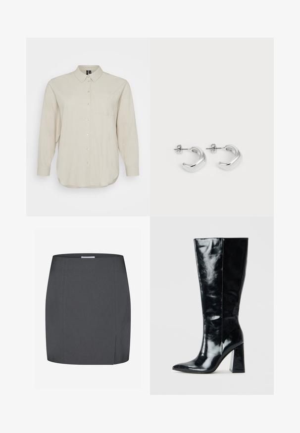 Cămașă lungă bej deschis, dintr-un material moale, cu închidere cu nasturi pe față, guler clasic și un singur buzunar pe piept. Textură netedă.; Envii SPLIT - Fustă tip creion - grey; Botine negre până la genunchi, realizate din piele lucioasă, cu vârf ascuțit și toc geometric robust cu o textură netedă.; Cercei rotunzi din argint cu o finisare netedă și lustruită. Formă rotundă cu un design ușor curbat și margini armonizate. Închidere cu pini.