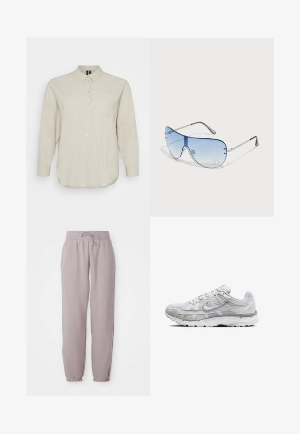 Lys beige langærmet skjorte lavet af blødt stof, med knaplukning foran, klassisk krave og en enkelt brystlomme. Glat tekstur.; Lys mauve fleece sweatpants med elastisk talje, snor, sidelommer og elastiske manchetter, vist fladt mod en hvid baggrund.; Lys grå atletik sko med en overdel i mesh og syntetiske materialer, der har snørebånd, polstret krave og struktureret sål for godt greb.; Aviator-solbriller med gradient blå linser, sølvmetalramme og dekorative stjerneakcenter på linserne. Glat og strømlinet design.