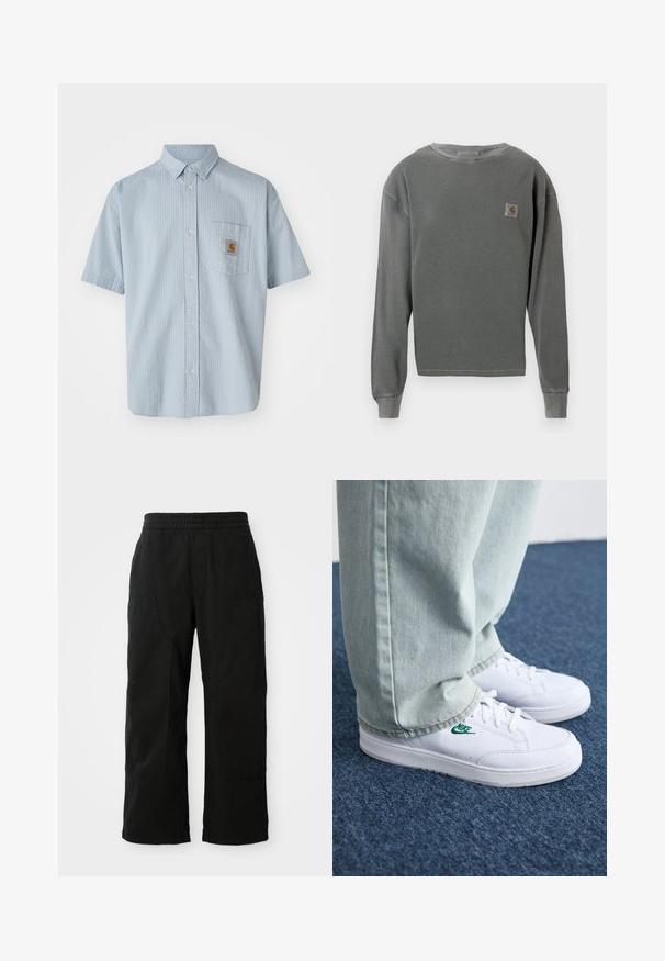 Camicia azzurro chiaro a maniche corte con bottoni, con un motivo testurizzato, taschino sul petto e una patch quadrata del logo Carhartt sulla tasca.; Pullover grigio a manica lunga con collo a girocollo, caratterizzato da una texture a coste, con una piccola etichetta quadrata logo sul lato sinistro del petto e polsini a coste.; Pantaloni neri in cotone con vita elastica, design a gamba larga e grandi tasche laterali. Il tessuto sembra morbido con una texture liscia.; Sneakers in pelle bianca con logo Nike verde, punta rotonda, suola piatta, abbinati a pantaloni in denim azzurro, mostrati su un tappeto blu.