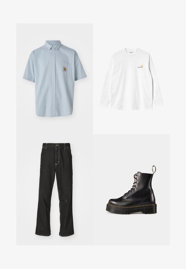 Šviesiai mėlyna trumpomis rankovėmis marškiniai su mygtukais, su tekstūruotu raštu, viena krūtinės kišenė ir kvadratinė Carhartt logotipo etiketė ant kišenės.; Ilgavais baltas medvilninis marškinėliai su apykakle, su mažuoju geltonos ir raudonos spalvos logotipu kairėje krūtinės pusėje. Be siūlių rankogaliai ir pakloto kraštas.; Juodi džinsai su laisvu siluetu, turintys kontrastingas balto siūlo siūles, mygtuko uždarymą ir tiesų kojos dizainą.; Juodi odiniai auliniai batai su raišteliais, turintys masyvų juodą pado ir geltoną siūlą. Su nugarinėmis kilpomis ir apvaliais metaliniais akių laikikliais.
