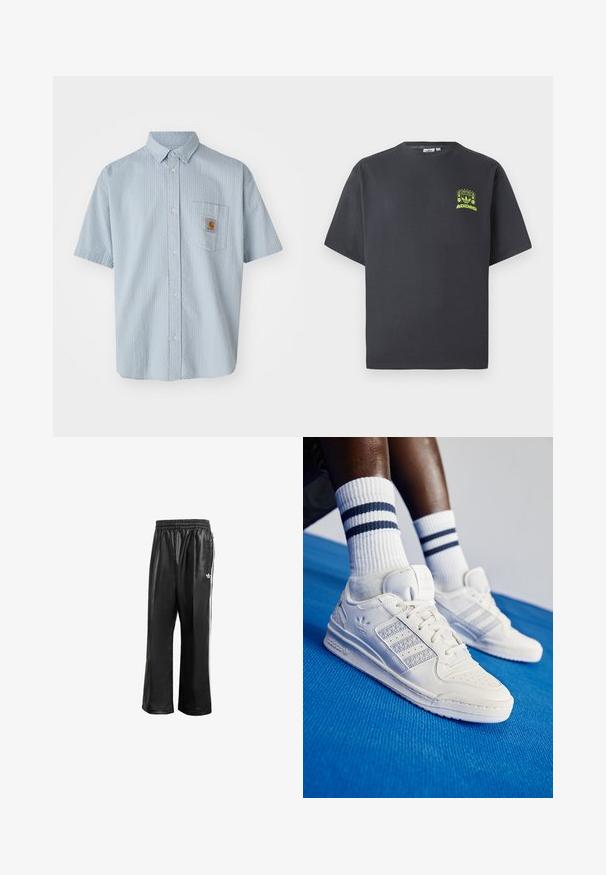 Camisa de botones de manga corta en azul claro con un patrón texturizado, un bolsillo en el pecho y un pequeño parche cuadrado del logo de Carhartt en el bolsillo.; Camiseta de Adidas en gris carbón con mangas cortas y un pequeño gráfico en neón verde de altavoces, sol y el logo de Adidas en el lado izquierdo del pecho.; Pantalones de chándal sintéticos negros con cinturilla elástica, que presentan rayas laterales blancas y un pequeño logo blanco en la cadera izquierda.; Zapatillas de cuero blancas con acentos perforados, tres franjas metálicas y un panel lateral texturizado. Llevadas con calcetines blancos con rayas azules.