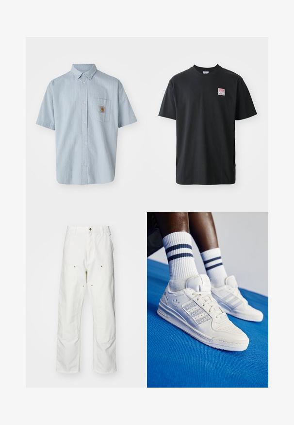 Heledad siniste varvaskäe särg, millel on tekstuuriga muster, ühekordne rinna-tasku ja ruudukujuline Carhartt logo sildiga taskul.; Must musternärviga T-särk ümarate krae, lühikeste varrukatega ning vasakul rinnal väike värviline etikett sõnaga "SUPERIOR."; Valged puuvillased cargo püksid, millel on mugav lõige. Omadusteks on esikotid, kuldse riistvara aktsendid ja tugevdatud põlveosad.; Valge nahast jooksujalatsid, millel on perforatsioonidega detailid, kolm metallilist triipu ja tekstureeritud külgpaneel. Kanna valgeid sokke, millel on sinised triibud.