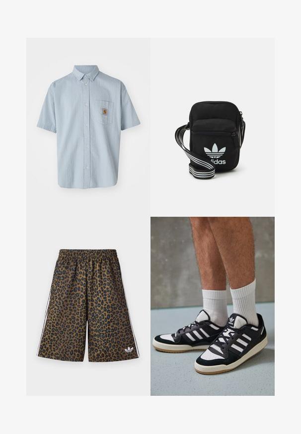 Lyseblå kortermet skjorte med knapper, med et strukturert mønster, én brystlomme og et firkantet Carhartt-logo-patch på lommen.; Brune og svarte leopardmønstrede shorts med elastisk midje og hvite sidestriper. Laget av glatte, lette materialer.; Sorte og hvite sneakers med overdel i semsket skinn og lær, med tre hvite striper, perforert tå og en såle av gummi.; Svart stoff crossbody veske med glidelås, med en hvit Adidas-logo og enstripet justerbar stropp for enkel bæring.