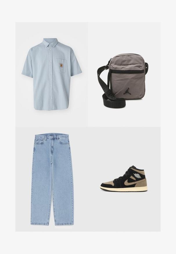 Chemise à manches courtes bleu clair à boutons avec un motif texturé, une poche poitrine unique et un logo Carhartt carré en patch sur la poche.; Jean en denim bleu clair avec une coupe droite, présentant une taille mi-haute, cinq poches, et une fermeture à bouton et à fermeture éclair.; Baskets montantes en daim noir et beige, avec embout perforé, semelle intermédiaire beige, lacets noirs et logo argenté sur le côté.; Sac en nylon gris à bandoulière avec une poche frontale zippée, une sangle noire réglable et un logo noir en accent sur le devant. Design compact et léger.; Sac à dos navy avec des accents rouges, plusieurs compartiments zippés, des badges de logo et des sangles ajustables. Fabriqué en tissu durable.