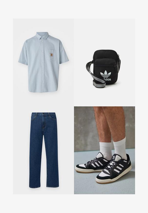 Jasnoniebieska, krótki rękaw, koszula zapinana na guziki z teksturowanym wzorem, pojedyncza kieszeń na piersi oraz kwadratowa naszywka z logo Carhartt na kieszeni.; Granatowe dżinsy prostego kroju z kieszeniami z przodu i zapięciem na guzik, zaprezentowane na jednolitym białym tle.; Czarno-białe sneakersy z zamszową i skórzaną cholewką, z trzema białymi paskami, perforowanym czubkiem i gumową podeszwą w kolorze gumy.; Czarna torba crossbody wykonana z materiału, z zamknięciem na zamek błyskawiczny, z białym logo Adidas oraz regulowanym paskiem w paski, co ułatwia noszenie.