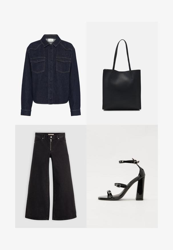 Ciemnoniebieska kurtka dżinsowa z kołnierzykiem, zapięciem na guziki z przodu, dwiema kieszeniami na piersi oraz długimi rękawami. Kontrastowe przeszycia na całej powierzchni.; Jeans o szerokich nogawkach w czarnym denienie z zamkiem błyskawicznym z przodu, pięcioma kieszeniami i subtelnymi detalami przeszycia. Gładka tekstura i swobodny styl.; Czarne lakierowane sandały na obcasie z kwadratowym noskiem, z paskami wokół kostki i srebrnymi klamrami. Posiadają masywny słupek dla stabilności.; Czarna skórzana torba tote o gładkiej fakturze, prostokątnym kształcie i dwóch długich uchwytach. Brak widocznych elementów metalowych i ozdób.