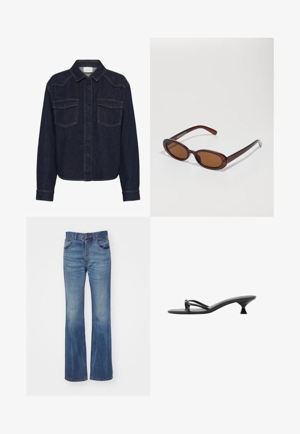 Dark denim jacket with a collared neckline, button-front closure, two chest pockets, and long sleeves. Contrast stitching throughout.; Flared blue denim jeans with a medium wash, featuring a high waist, belt loops, and front pockets. Smooth texture with minimal distressing.; Black heeled sandals featuring a sleek design, thin straps, and a unique triangular heel. Smooth texture with a minimalistic look.; Round, brown-tinted sunglasses with a glossy burgundy frame. Slim arms with subtle branding detail. Flat lens design.