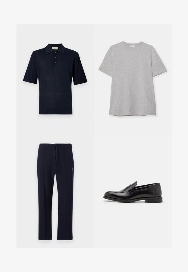 Sötétkék pólóing puha anyagból, klasszikus gallérral, három gombos kivitelben és rövid ujjal. Simaság, minimális dizájn.; Szürke, rövid ujjú póló, puha, texturált anyagból készült. Klasszikus környakú és egyenes fazonú, alkalmas hétköznapi viseletre.; Tengerészekhez hasonló, lazán szabott nadrág, állítható derékmegoldással és oldalsó zsebekkel. Simaság és diszkrét elülső redők jellemzik, valamint logó részlettel rendelkezik.; Fekete bőr loaferek sima textúrával, kerek orral és dekoratív pánttal a vampnál. Alacsony, rétegelt sarkú, minimalista dizájn.