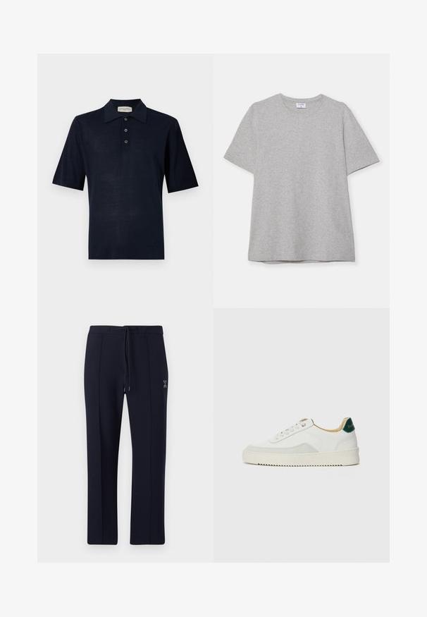 Námořnická modrá polo košile vyrobená z měkké tkaniny, s klasickým límečkem, třemi knoflíky a krátkými rukávy. Hladká textura, minimalistický design.; Šedé tričko s krátkým rukávem vyrobené z měkké, texturované látky. Disponuje klasickým kulatým výstřihem a rovného lemu, vhodné pro každodenní nošení.; Námořnické kalhoty s volným střihem, vybavené páskem na šňůrku a bočními kapsami. Hladká látka s jemnými předními sklady a detailním logem.; Bílé tenisky se semišovými prvky, kulatou špičkou, plochými tkaničkami a krémovou gumovou podrážkou. Na patě mají zelené logo.