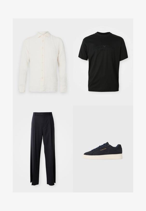 120% Lino LONG SLEEVE MEN SLIM FIT - Shirt - milk; Black short-sleeve t-shirt with rounded neckline, featuring a tonal embroidered logo "Emporio Armani Milano" on the front. Smooth texture.; Black, high-waisted trousers with a wide-leg cut, made of smooth fabric. Features front pleats and belt loops. Minimalistic design, no visible hardware.; Navy blue suede low-top sneaker with white sole, navy laces, and "Filling Pieces" logo in gold on the side.