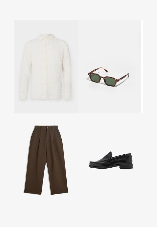 120% Lino LONG SLEEVE MEN SLIM FIT - Skjorta - milk; Bruna veckade byxor med en vid bendesign, med knappstängning och sidofickor, tillverkade av textil med struktur som passar för avslappnad användning.; Svarta läderloafers med en slät finish, sömnadsdetaljer på tån och en låg klackdesign för komfort och stil.; Sköldpaddsbeslag av solglasögon med gröna linser, vinklade i en oktagonal form och med smala, böjda skalmar. Materialet har en glansig yta.