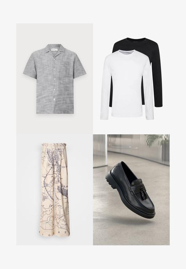Rövid ujjú, szürke gombos ing, texturált anyagból készült, nyakánál gallérral és kis felső zsebével. Világos gombokkal rendelkezik.; Két hosszúujjú ing, egy fekete és egy fehér, pamutból készült, kerek nyakkivágással és sima textúrával, egymásra rakva bemutatva.; Bőszárú nadrág, tengerészkék térképmintával egy bézs háttéren, redőzött részletekkel a derékrészen és lazább szabással.; Fekete bőrből készült mokaszinok sima felülettel, díszes bojttal, vastag gumitalppal és varrott részletekkel. Könnyű és elegáns kialakítás.