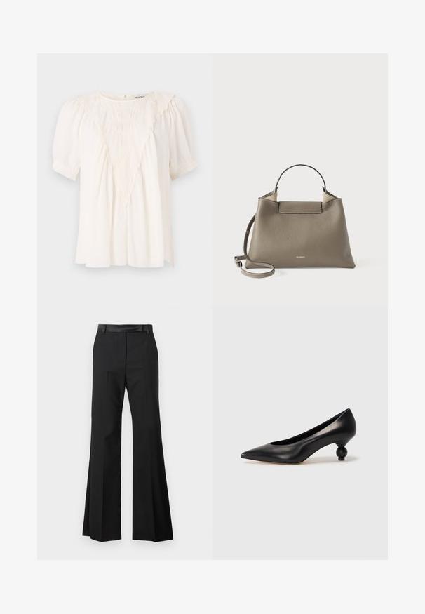 Bluză de crem deschis, concepută dintr-un material texturat, cu un detaliu de volan în formă de V în față, mâneci scurte și puffate, și o croială lejeră.; Pantaloni negri evazați cu un finisaj neted, având un brâu solid și pliuri presate pentru un aspect ajustat.; Pantofii cu toc înalt din piele neagră, cu vârf ascuțit și toc rotund, mimos. Textură netedă, cu un design elegant și minimalist.; Geantă din piele gri texturată, cu un mâner superior și o curea de umăr ajustabilă, având un design minimalist și o marcă subtilă embosată pe față.