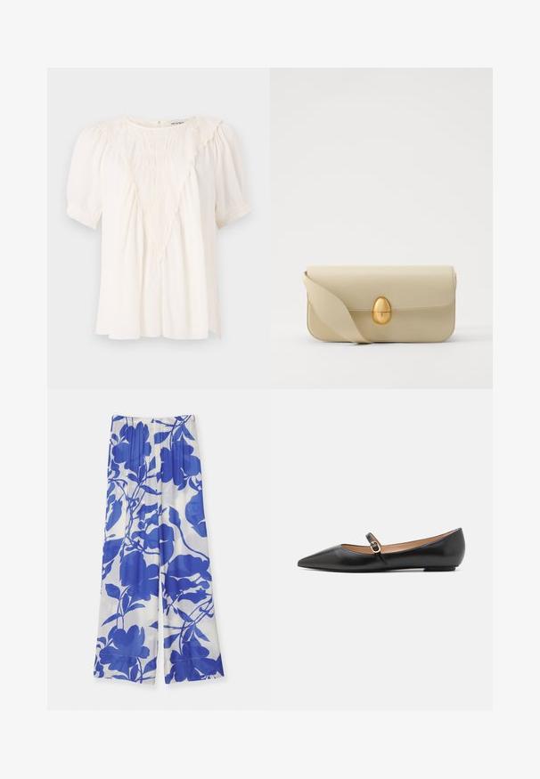 Bluză de crem deschis, concepută dintr-un material texturat, cu un detaliu de volan în formă de V în față, mâneci scurte și puffate, și o croială lejeră.; Pantaloni cu picioare largi dintr-un material ușor, având un model floral albastru pe un fundal alb. Talie elastică pentru confort.; Balerini din piele neagră, cu vârf ascuțit și o curea laterală ce prezintă un accent circular de aur. Ușoare, cu o talpă plată.; Geantă de mână din piele bej, cu o textură netedă, formă rectangulară și un închizător oval auriu. Dispune de o curea lungă, ajustabilă.