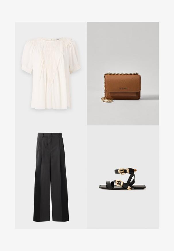 Blusa de crema claro hecha de tela texturizada, con un detalle de volantes en forma de V en el frente, mangas cortas abullonadas y un corte holgado.; Pantalones de pierna ancha negros con cintura alta, que presentan pliegues en la parte delantera, una textura suave y un acabado a medida. Diseñados para un ajuste relajado.; Sandalias de cuero negro con acentos de hebillas doradas, que cuentan con múltiples correas y un diseño de suela plana para usar con los dedos al aire.; Bolso crossbody de cuero texturizado marrón con correa de cadena dorada y cierre de solapa. La parte frontal presenta un detalle de logo y un bolsillo debajo de la solapa.