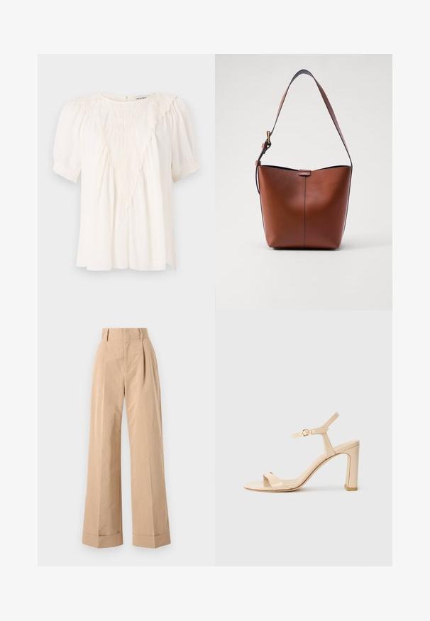 Light cream blouse made of textured fabric, featuring a V-shaped ruffle detail at the front, short puffed sleeves, and a loose fit.; Beige wide-leg trousers with a high waist, featuring pleats and a smooth texture. The cuffs are folded, adding structured detail.; Beige high-heeled sandal with ankle strap and gold buckle, open toe, and block heel on a white background.; Brown leather shoulder bag with a curved shape, smooth texture, and a single thin strap. Features a subtle seam and a small logo detail.