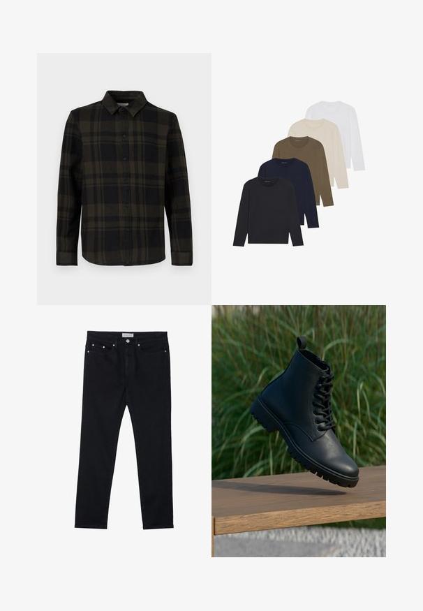 Black and dark green plaid shirt made of fabric, featuring a button-down front, long sleeves, and a classic collar design.; Five long-sleeve shirts in a gradient of colors: dark navy, navy, olive green, beige, and white. Each has a round neck and a smooth texture.; Black denim jeans featuring a straight leg design, five pockets, metal rivets, and a button fly closure. Soft texture with slight stretch.; Black ankle boot made of smooth leather. Features a lace-up design, round toe, and rugged sole with prominent tread. Small pull tab on heel.
