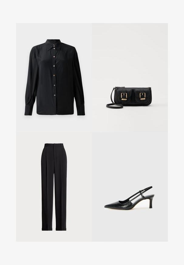 Černá dlouhá košile s dlouhým rukávem vyrobená z hladké látky, s klasickým límcem a knoflíkovou légou se zdobnými knoflíky. Bez viditelných vzorů.; Černé elegantní kalhoty s vysokým pasem, zdobené sklady vpředu, rovný střih nohavic a cuffed lem. Vyrobeno z hladké látky.; Černé lakované slingback podpatky s špičatou špičkou, zdobené texturovaným hadím vzorem, nastavovacím páskem a krátkým texturovaným blokovým podpatkem.; Černá kožená crossbody taška se dvěma předními kapsami, zlatými přezkami, zipovým uzávěrem a štíhlým popruhem. Texturovaný povrch a kompaktní obdélníkový tvar.
