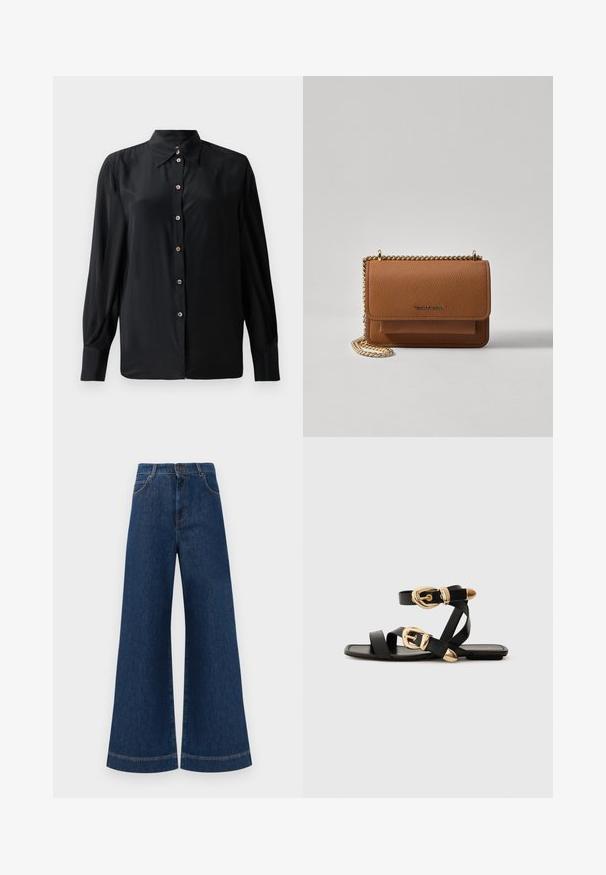 Černá dlouhá košile s dlouhým rukávem vyrobená z hladké látky, s klasickým límcem a knoflíkovou légou se zdobnými knoflíky. Bez viditelných vzorů.; Široké modré džíny s vysokým pasem, se zapínáním na knoflík, poutky na opasek a jemnými stehy podél kapes a lemů.; Černé kožené sandály s pozlacenými přezkami, s vícero popruhy a plochou podrážkou pro nošení s otevřenou špičkou.; Hnědá texturovaná kožená kabelka přes rameno se zlatým řetízkovým popruhem a klopnovým uzavíráním. Přední strana obsahuje detail loga a kapsu pod klopou.