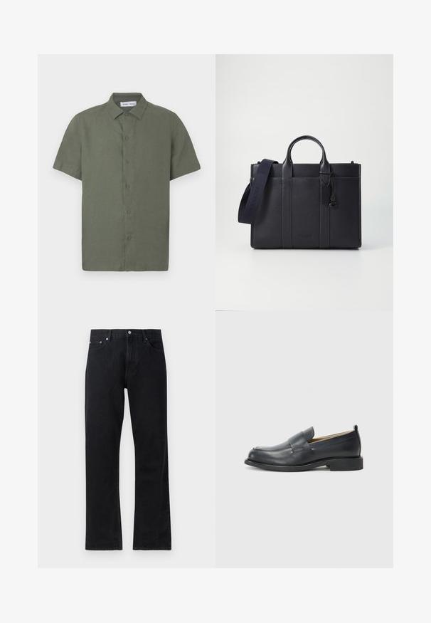 Kortärmelig, olijfgroen overhemd gemaakt van gestructureerde stof, met een knoopsluiting aan de voorkant en een klassieke kraag.; Zwarte denim jeans met een rechte pijpdesign, voorzien van een knoopsluiting, vijf zakkenstijl en subtiele stikseldetails.; Zwarte leren loafers met een gladde afwerking, een platte zool en een ronde neus met een decoratieve band over de bovenkant.; Donkerblauwe leren aktetas met dubbele bovenhandgrepen en een afneembare schouderband. Kenmerkt zich door een gestructureerde afwerking, verticale stiksels en een logo-detail.