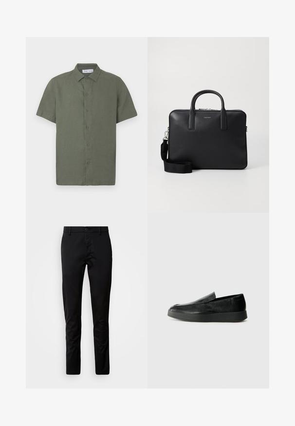 Krátký rukáv, olivově zelená košile z texturované tkaniny, s knoflíkovou légou vpředu a klasickým límečkem.; Černé kalhoty slim fit vyrobené z hladké látky. Mají pas s knoflíkovým zapínáním a rovné nohavice.; Calvin Klein HYBRID CUP - Polobotky - triple black; Černý kožený aktovka s strukturovaným povrchem, dvojitými uchy, odnímatelným ramenním popruhem a předním logem. Uzavření na zip.