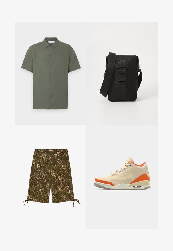 Lyhythihainen oliivinvihreä paita, joka on valmistettu teksturoidusta kankaasta ja jossa on napitettava edusta sekä klassinen kaulus.; Shortsit, joissa on viidakkomalli vihreän ja ruskean sävyissä, kevyestä materiaalista valmistettu, sivutaskut ja säädettävät nauhat helman kohdalla.; Beige lenkkarit oransseilla yksityiskohdilla, kanvasta valmistettu päällinen, teksturoitu yksityiskohta kantapäässä ja näkyvä ilmanpito alushousuissa.; Musta nailoninen viestintä laukku etuläpällä, säädettävällä hihnalla ja muovisoljella. Lahjakkuuteen kuuluu teksturoitu tuotemerkki hihnassa ja laukussa.; Hopeakotoinen Casio kvartsikello, jossa on suorakaiteen muotoinen kellotaulu, analoogiset ja digitaaliset näytöt, ruostumattomasta teräksestä valmistettu ranneke sekä vedenkestävyysominaisuudet.