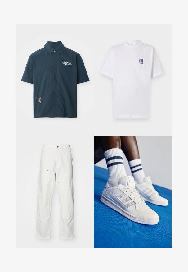 Tumši zils T-krekls ar īsām piedurknēm, izgatavots no kokvilnas, ar pogām aizpogājamā apkaklīte. Iezīmēts ar baltu izšuvumu un krāsainu pikseļu dizainu ar pāri.; Balts kokvilnas T-krekls ar īsām piedurknēm, apaļu kakla izgriezumu un nelielu izšūtu zilu "C" logotipu kreisajā krūšu daļā.; Baltas kokvilnas kargo bikses ar brīvu piegriezumu. Iezīmes ietver priekšējās kabatas, zeltītas detaļas un pastiprinātas ceļa daļas.; Baltas ādas sneakeri ar perforētiem akcentiem, trim metāliskiem svītrām un strukturētu sānu paneļu. Valkāti ar baltiem zeķēm, uz kurām ir zilas svītras.