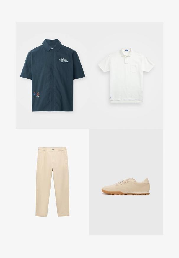 Koszula z krótkim rękawem w ciemnoniebieskim kolorze, wykonana z bawełny, z kołnierzykiem typu button-down. Posiada białe haftowane napisy oraz kolorowy, pikselowy wzór pary.; Biała koszulka polo wykonana z bawełny, z klasycznym kołnierzykiem, trzema guzikami oraz kieszonką na lewym piersi; małe logo na dolnym brzegu.; Beżowe, casualowe spodnie wykonane z miękkiego materiału; mają elastyczny pas, kieszenie z przodu i prostą nogawkę.; Beżowe zamszowe sneakersy o opływowym designie, z teksturowaną cholewką, zaokrąglonym noskiem i gumową podeszwą w zygzakowaty wzór.