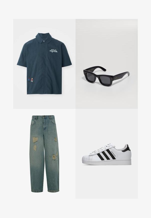 Sötétkék, rövidujjú pamut ing, gombos gallérral. Fehér hímzett szöveggel és színes pixelált párt ábrázoló mintával rendelkezik.; Világoskék, laza szabású farmernadrág, több szakított folttal és rojtos széllel. Klasszikus öt zsebes dizájn.; Fehér Adidas Superstar sportcipő fekete csíkokkal, kagyló orral és "Superstar" felirattal az oldalon, bal profilban, fehér háttér előtt.; Fekete napszemüveg, fényes felülettel, téglalap alakú kerettel, sötét lencsékkel és arany logóval a szárakon. Két arany pötty minden elülső sarokban.