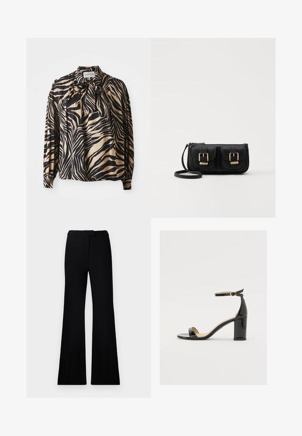 Langærmet skjorte i glat stof med et dristigt sort og guld zebra-stribemønster, med en butterfly-detalje ved halsudskæringen.; Sorte flagrende bukser med en glat tekstur, skræddersyet talje og forlommer, designet med en slank, moderne silhuet.; Sorte lakerede sandaler med bred hæl, åben tå og ankelrem med en guldbuckle. Glat tekstur og strømlinet design.; Sort læder crossbody taske med to frontlommer, guldspænder, lynlåslukning og en slank rem. Struktureret overflade og kompakt rektangulær form.