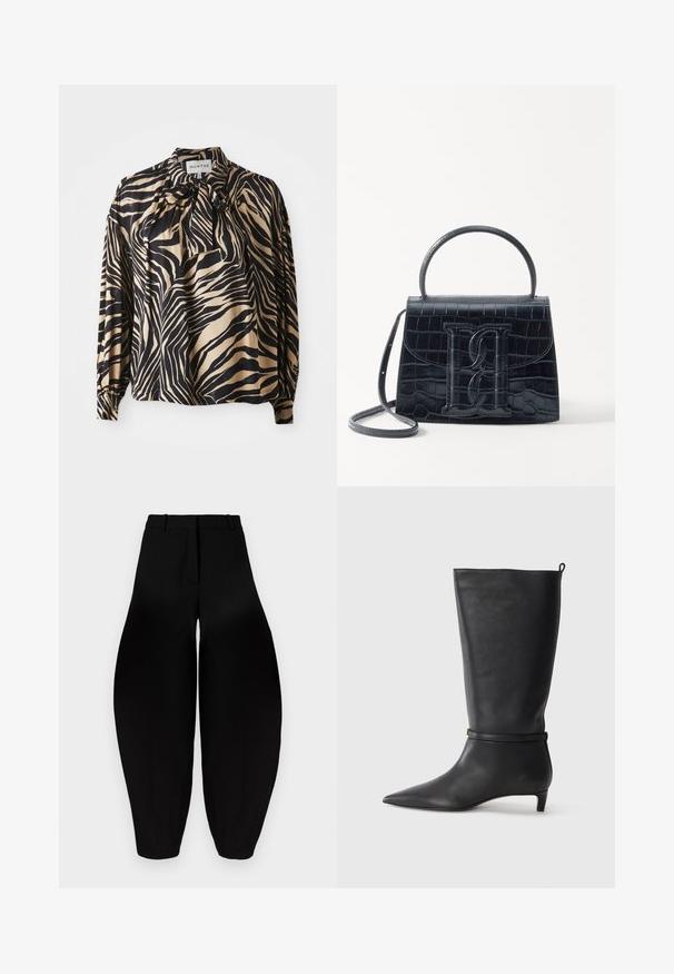 Langarmhemd aus glattem Stoff mit auffälligem schwarz-goldenem Zebra-Streifen-Muster und einer Schleifchen-Details am Ausschnitt.; Schwarze weit geschnittene Hose mit hoher Taille, gefaltetem Vorderteil und schmal zulaufenden Knöcheln. Hergestellt aus glattem Stoff mit matter Oberfläche.; Schwarze Lederkniehohe Stiefel mit spitzem Zehen, akzentuiert durch einen runden Riemen um das Knöchel und einen niedrigen, tapernden Absatz. Glatte Textur.; Schwarze Handtasche aus Krokodilprägung mit strukturiertem Design, Oberhandgriff, verstellbarem Tragegurt und einem auffälligen Logo-Detail auf der Vorderseite.