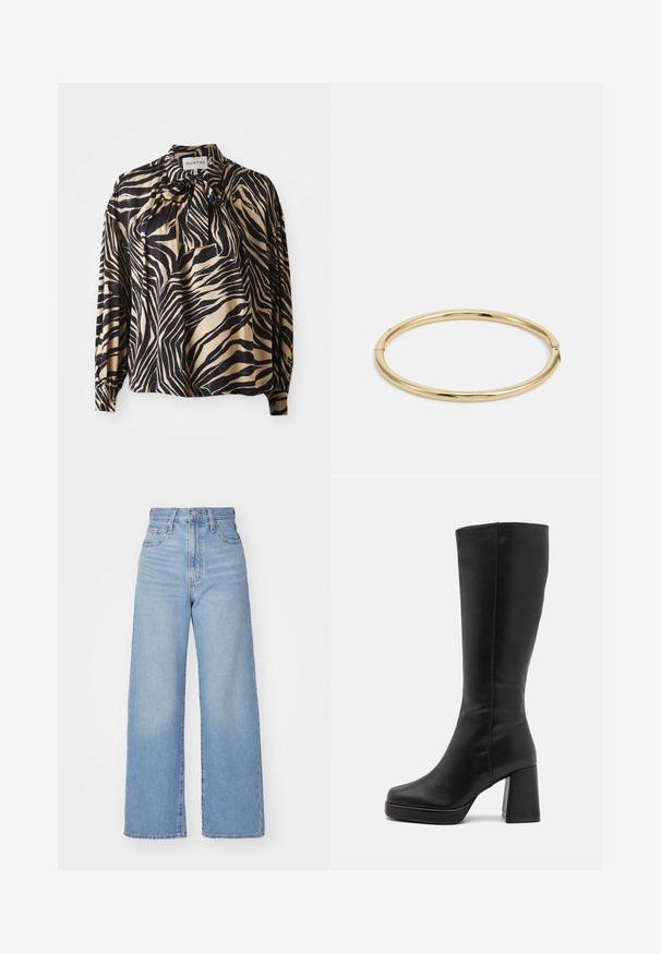 Long-sleeve shirt in smooth fabric featuring a bold black and gold zebra stripe pattern, with a bow tie detail at the neckline.; Light blue high-waist wide-leg jeans with front button and zip closure, front and back pockets, on a white background.; Anna Field High heeled boots - black; Gold bangle bracelet with a smooth, shiny surface, featuring a round shape and a subtle clasp detail.