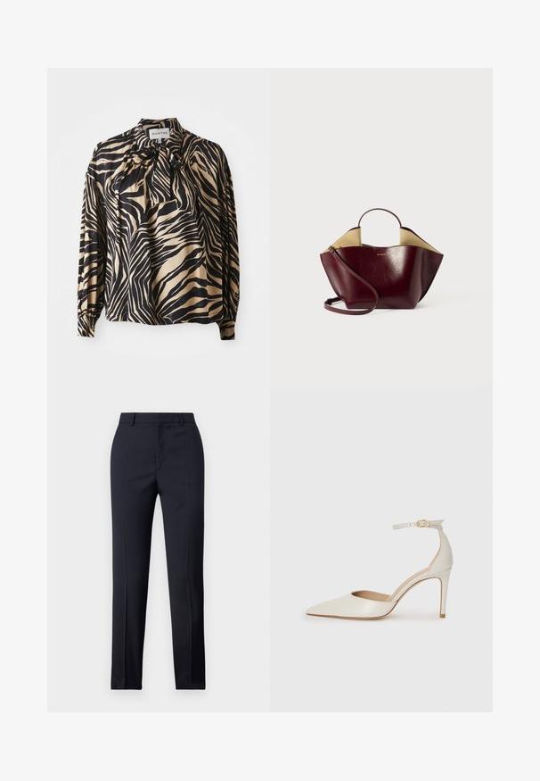 Chemise à manches longues en tissu lisse avec un motif audacieux de rayures zèbre noires et dorées, dotée d'un détail nœud papillon au niveau du col.; Pantalons ajustés bleu marine avec une coupe droite, présentant une texture lisse, deux poches avant et une taille épurée.; Chaussure à talon haut en cuir blanc avec un bout pointu, une bride de cheville et un talon aiguille fin. Texture lisse avec une finition légèrement brillante.; Sac à main en cuir bordeaux avec une forme structurée, doté d'une courte poignée, d'une longue bandoulière et d'un intérieur beige contrastant.