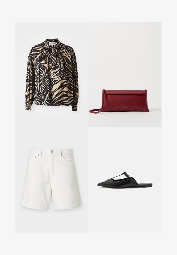 Long-sleeve shirt in smooth fabric featuring a bold black and gold zebra stripe pattern, with a bow tie detail at the neckline.; White denim shorts with a straight cut, five-pocket design, front button closure, silver hardware, and stitched detailing.; Black leather slingback shoe with a pointed toe, featuring a woven accent and pleated upper design. Flat sole with minimal hardware.; Red leather clutch bag with a textured finish, featuring a flat fold-over top and a short strap. Subtle brand logo on the front.