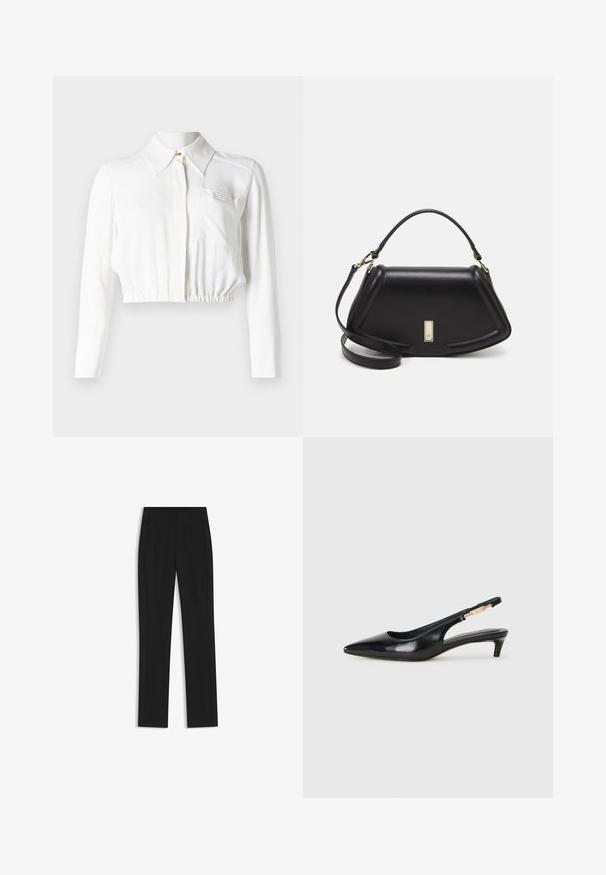 Biała krótka bluzka z długimi rękawami, spiczastym kołnierzykiem, zapięciem na guziki z przodu oraz jedną kieszenią na piersi. Gładki, lekki materiał.; Czarne spodnie o dopasowanym kroju z prostymi nogawkami, z przednimi kieszeniami i gładką, teksturowaną tkaniną. Schludne, minimalistyczne wykończenie.; Czarne skórzane szpilki typu slingback z ostrym noskiem, posiadające smukły obcas i złoty akcent na regulowanym pasku. Gładka tekstura.; Czarna skórzana torebka o strukturalnym designie, z przyciętą formą, górnym uchwytem i złotymi akcentami. W zestawie regulowany pasek na ramię.