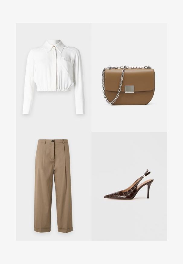 Witte cropped blouse met lange mouwen, een puntige kraag, sluiting met knopen aan de voorkant en een enkele borstzak. Glad, lichtgewicht stof.; Bruine, wijde broeken met een vlakke voorkant en plooien, een knoopsluiting en omgeslagen zoom, gemaakt van een soepele stof.; Bruine, krokodillen-embossed leren slingback pump met een puntige neus, open zijkanten en een dunne hoge hak. Ontworpen met een gespsluiting.; Bruine lederen crossbody tas met een gebogen vorm, zilveren kettingriem en een vierkante metalen sluiting aan de voorkant.
