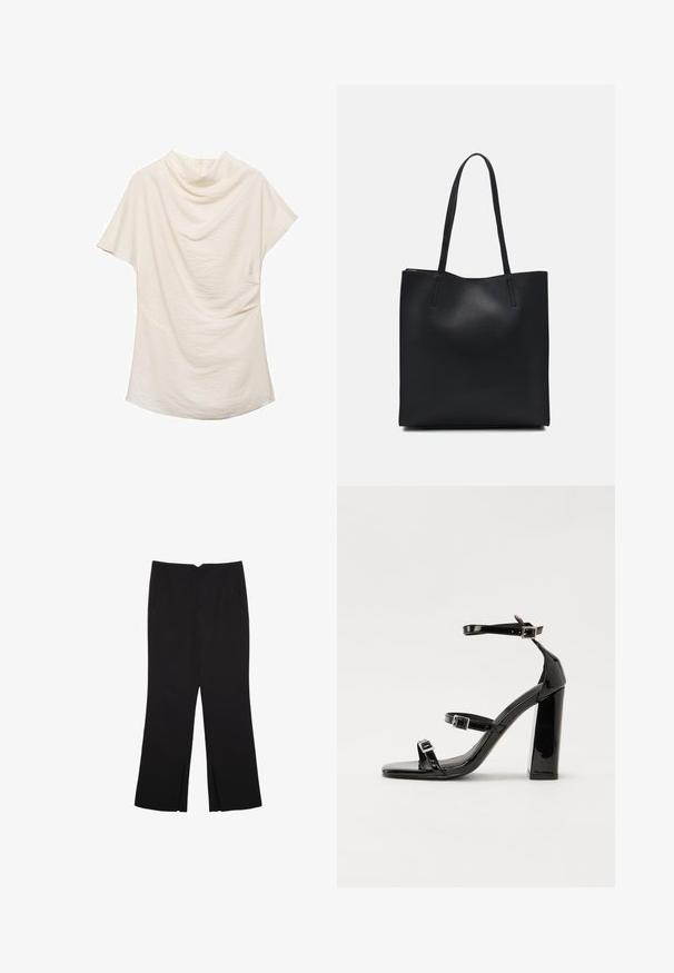 Haut à manches courtes de couleur crème avec un décolleté drapé, présentant un tissu texturé et une coupe ample, idéal pour des tenues décontractées ou superposées.; Pantalon noir avec une coupe droite, doté de poches avant et d'éclairs sur l'ourlet. Fabriqué en tissu doux et lisse. Convient à diverses occasions.; Sandales à talons vernies noires avec un bout carré, des sangles autour de la cheville et des boucles en argent. Dotées d'un talon bloc épais pour plus de stabilité.; Sac fourre-tout en cuir noir avec une texture lisse, de forme rectangulaire et deux longues poignées. Pas de matériel ou d'ornementations visibles.