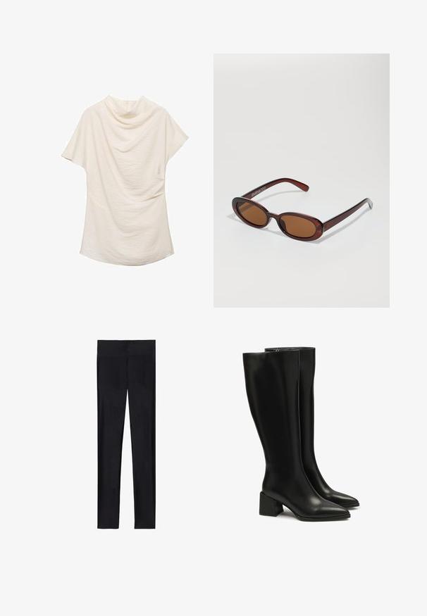 Cremefarvet kortærmet top med draperet halsudskæring, der har struktureret stof og en løs pasform, ideel til afslappede eller lagdelte outfits.; Sorte leggings lavet af strækbart stof; har en glat overflade, fuld længde design og en elastisk talje uden synlige sømme.; Sorte knæhøje læderstøvler med spidse tå og kraftig blokhælt. Glat tekstur, minimal søm og en simpel lynlåslukning.; Runde, bruntonede solbriller med en glansfuld bordeauxramme. Slanke arme med diskret brandingdetalje. Flad linsedesign.; Sort læder hobo taske med en slasket form, stor udskæringsåbning og to sidelommer. Blød tekstur og knyttet skulderrem detalje.