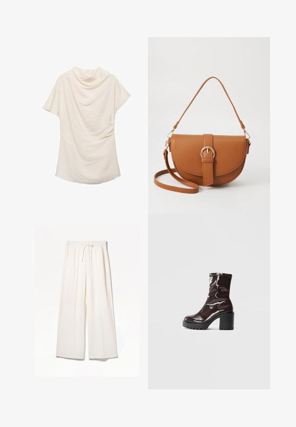 Haut à manches courtes de couleur crème avec un décolleté drapé, présentant un tissu texturé et une coupe ample, idéal pour des tenues décontractées ou superposées.; Pantalons larges blancs en tissu léger, avec une taille élastique, un cordon de serrage et des poches latérales sans motifs visibles.; Bottines bordeaux brillantes à talon épais noir, avec une texture lisse et un design simple. Aucune fermeture visible ni motifs.; Sac bandoulière en cuir marron avec une forme incurvée, quincaillerie dorée et un accent en boucle. Comprend une bandoulière détachable.
