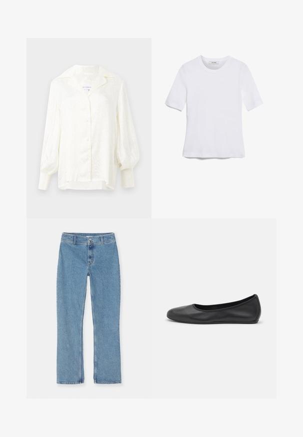 Fehér blúz texturált mintával, oversized gallérral és puffos ujjal. Gombos záródással és ráncolt mandzsettákkal rendelkezik. Könnyű anyag.; Fehér, rövid ujjú póló ribbed anyagból. Kerek nyakkivágás, normál szabás és diszkrét varrási részletek. Nincsenek minták vagy grafikák.; Világoskék egyenes lábú farmernadrág gombos és cipzáras záródással, övhurkokkal és alap varrással fehér háttérrel.; Fekete bőr balettcipő lekerekített orral, sima tekstúrával, minimális varrással és rugalmas talp kialakítással.