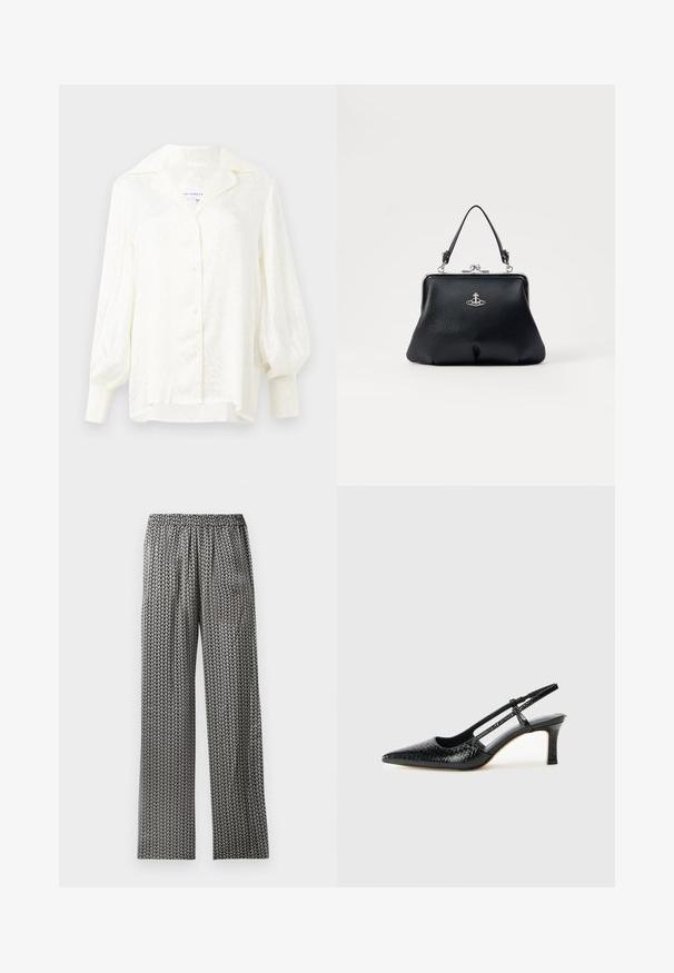 Valkoinen pusero, jossa on teksturoitu kuvio, ylisuuri kaulus ja puffihihat. Varustettu nappisulkimella ja kuminauharemmeillä. Kevyt materiaali.; Haalari mustavalkoisilla kuviolla, jossa on joustava vyötärö. Suunnittelussa on toistuva, geometrinen nuoliesimerkki.; Musta patent slingback-kiilakorko teräväkärkisellä muotoilulla, jossa on teksturoitu käärmeennahkakuosi, säädettävä remmi ja lyhyt, teksturoitu blokkiheel.; Musta nahkalaukku, jossa on tekstuuripinta, hopeiset yksityiskohdat, lukolla suljettava ja lyhyet kahvat kantamista varten. Kompakti ja muotoiltu design.
